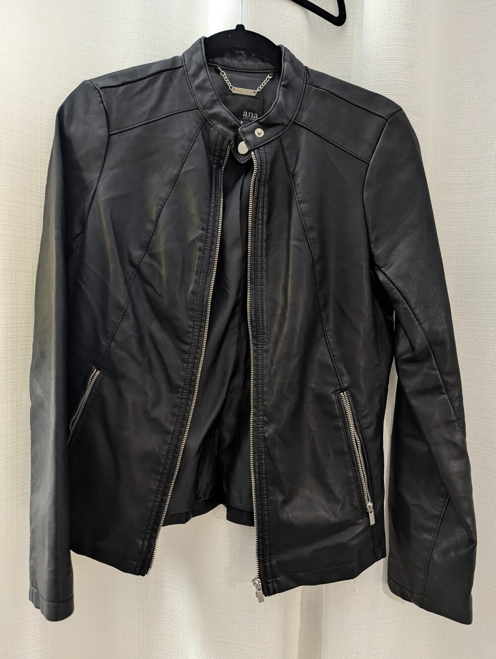 Ana Women's Black Imitation Leather Jacket W Silver Accent Size SMALL